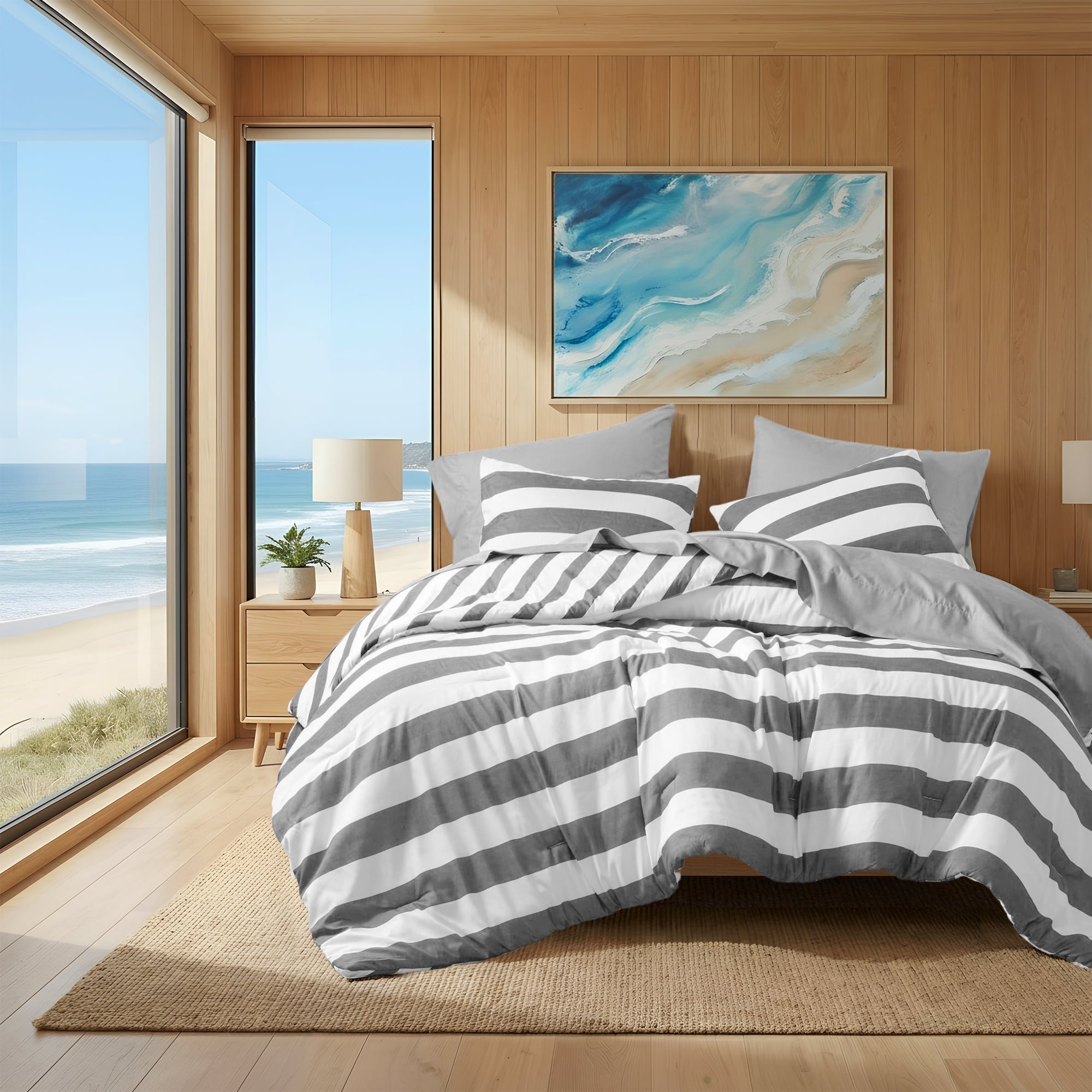 Luxurious Quilted Full/Queen Size Comforter Sets, 3-Piece Bedding Set Full/Queen, Reversible Striped Comforter Bed Set, Charcoal - Luxurious Quilted Duvet Cover Set - Default Title