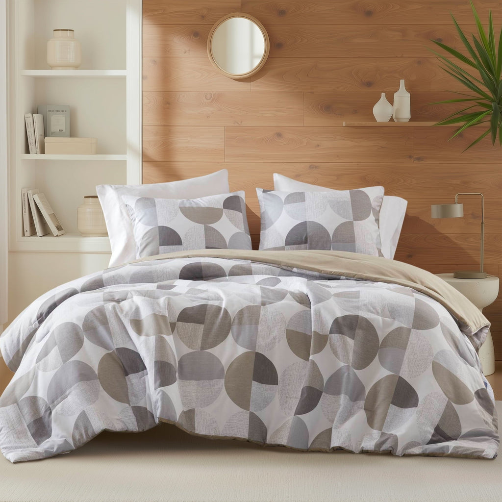 Luxurious Quilted Full/Queen Size Comforter Set, Tan/Gray Bedding Set for All Seasons, 3-Piece Round Geometric Print Bedding Comforter Set - Hypoallergenic Ultra-Fluffy Quilt for Winter - Default Title
