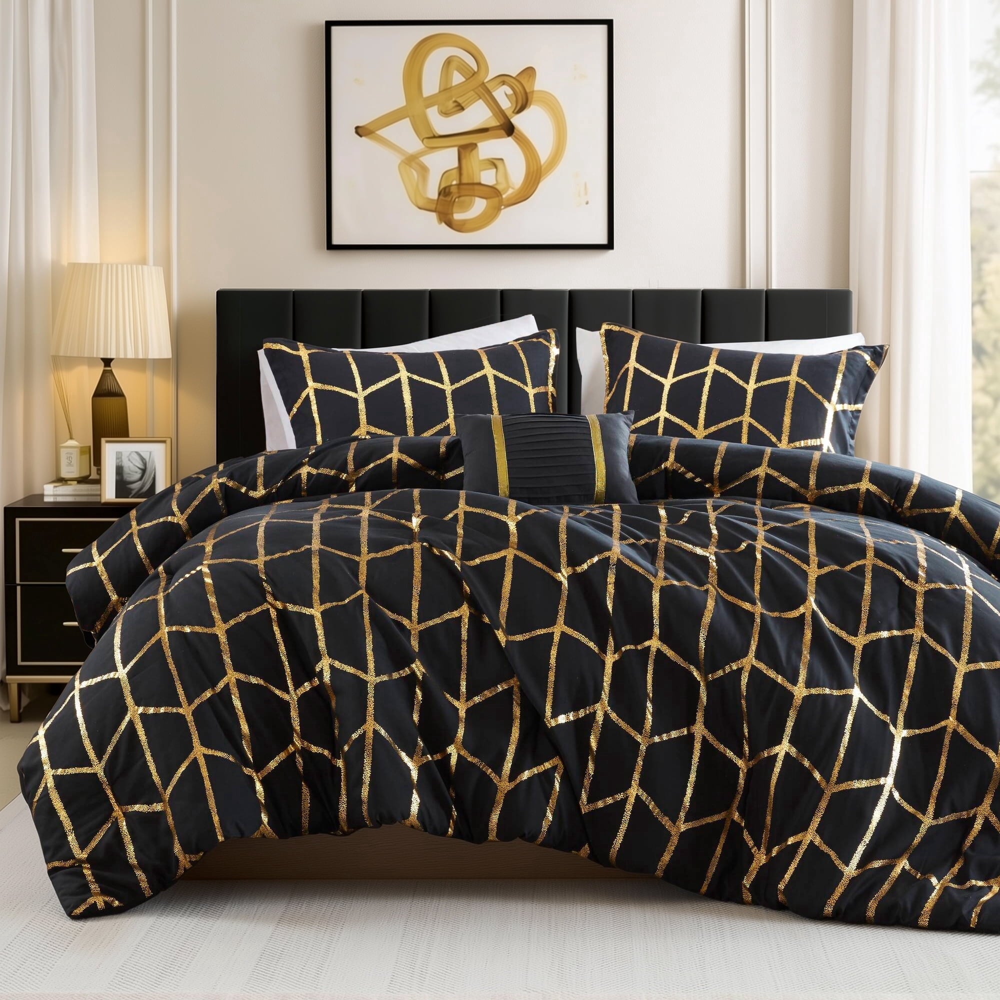 Hypoallergenic Cloud Full/Queen Size Comforter Set, 4-Piece Bedding Set for All Seasons, Geometric Metallic Comforter Bed Set with Decor P... - All-Season Down Alternative Comforter Insert - Default Title