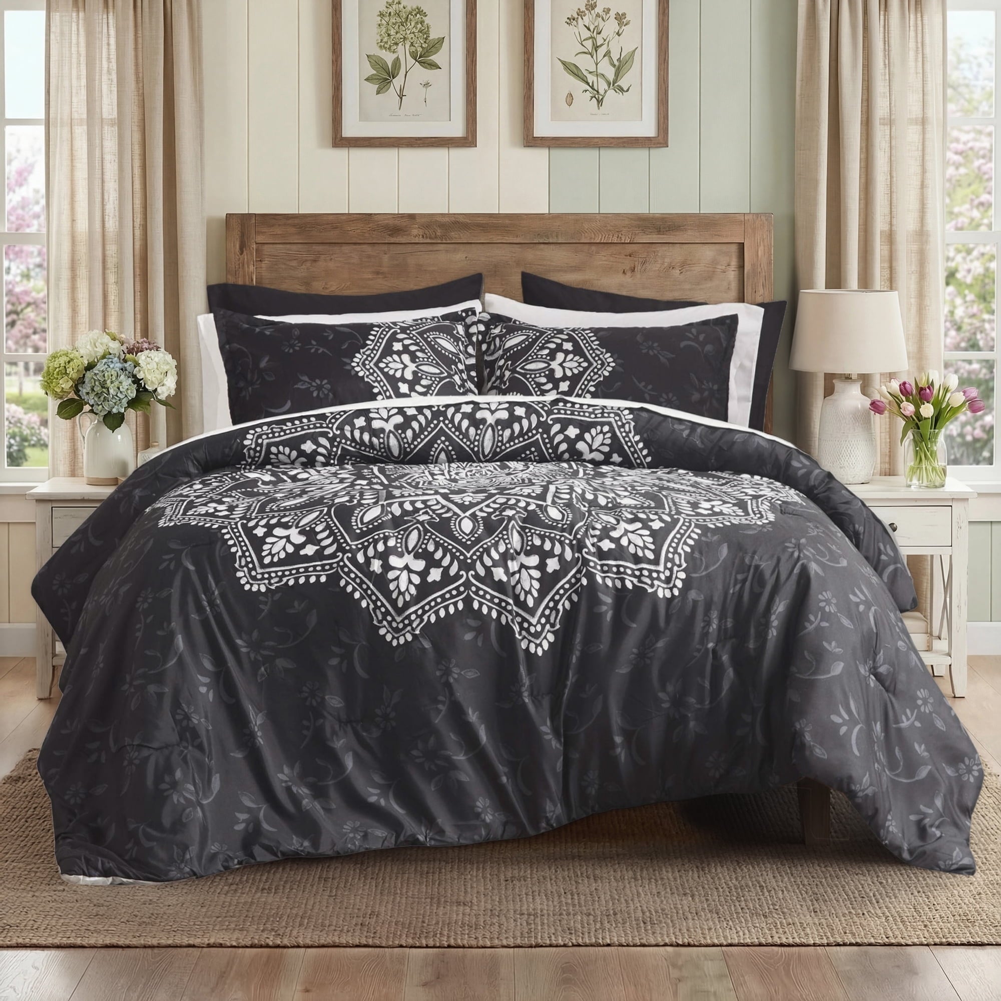 Fluffy Down Alternative Queen Comforter Set, Bedding Comforter Set Queen Size W/ Side Pockets, Black, 9 Pieces - Luxurious Quilted Duvet Cover Set - Default Title