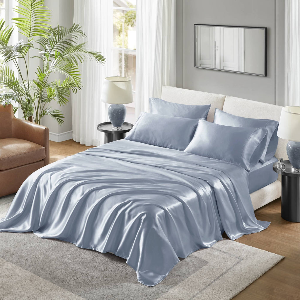 Breathable Luxury Satin Sheet Set, Twin Bed Sheets with Pillowcases, 4-Piece Luxury Silky Sheet Set, Blue, Gifts for Women - Breathable Egyptian Cotton Flat & Fitted Sheets - Default Title