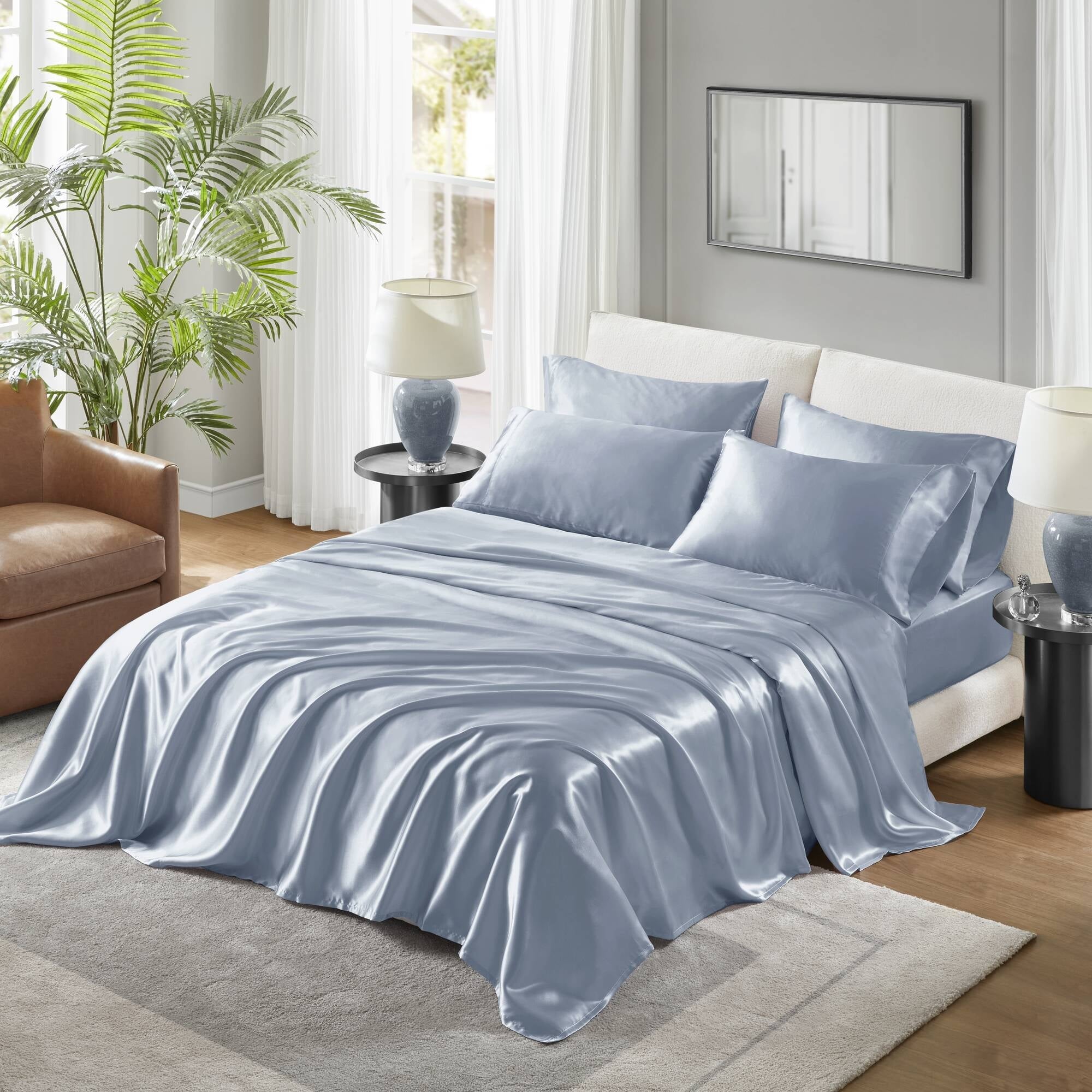 Breathable Luxury Satin Sheet Set, Twin Bed Sheets with Pillowcases, 4-Piece Luxury Silky Sheet Set, Blue, Gifts for Women - Breathable Egyptian Cotton Flat & Fitted Sheets - Default Title