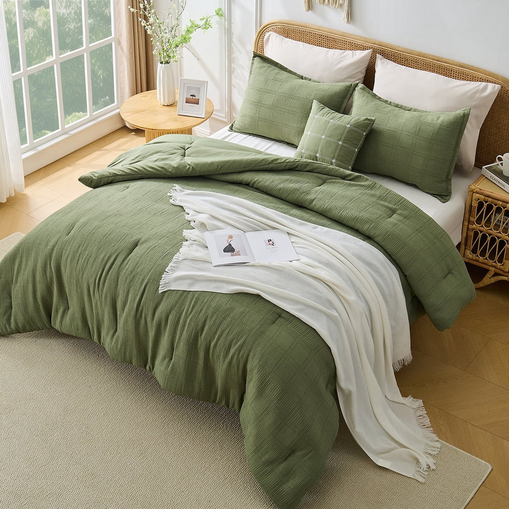 Luxurious Quilted Waffle Weave Comforter Set with Throw Blanket for Couch, 5-Piece King/Cal King Size Lightweight Comforter Bet Set for... - Luxurious Quilted Duvet Cover Set - Default Title