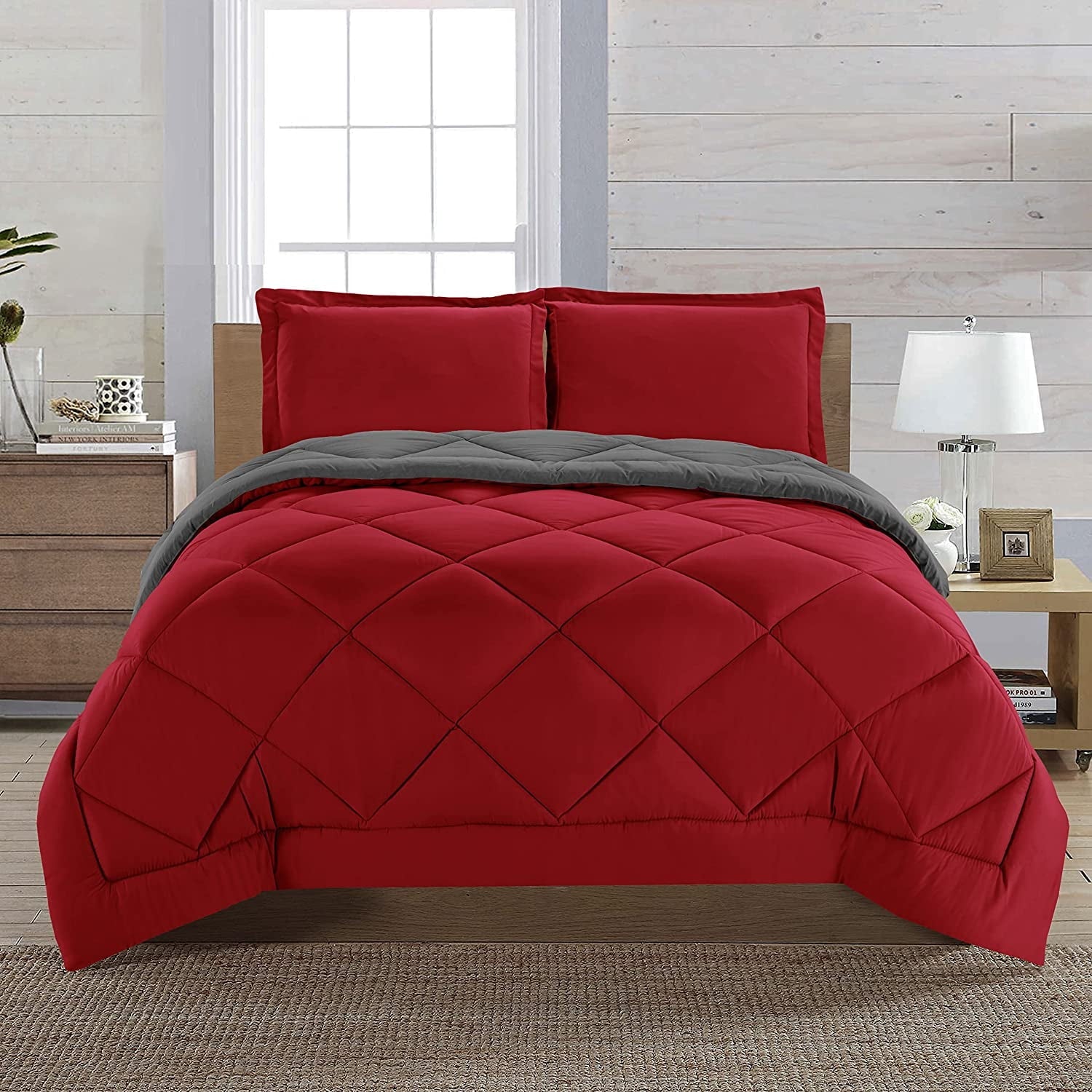 All-Season Reversible 3pc Comforter Set- Available In A Few Sizes And Colors , Full/Queen, Red/Gray - Luxurious Quilted Duvet Cover Set - Default Title
