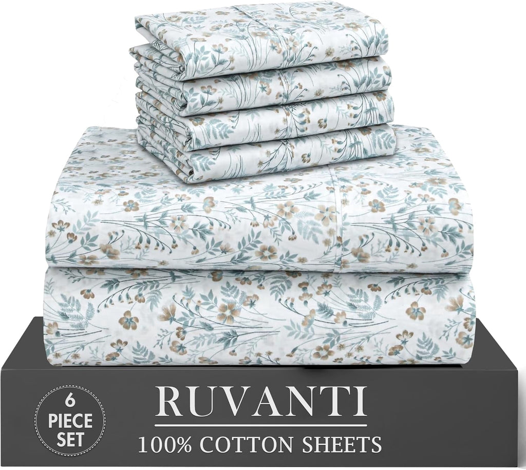 Wrinkle-Resistant 6 Pcs Cotton Sheets - 100% Natural Cotton Soft, Lightweight & Breathable Crispy Percale Bed Sheets, King Size Sheets ... - Luxury Bed Sheet Set with Deep Pockets - Default Title