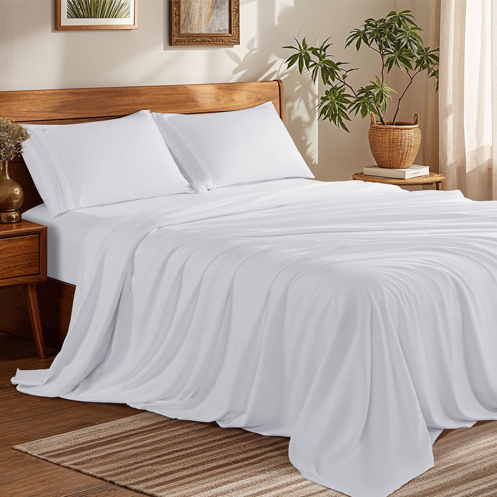 Premium Egyptian Cotton Bed Sheets Set, Microfiber Deep Pocket 4 Pieces Luxury Soft Sheet Set, Queen, White - Premium Ultra-Soft Pillowcase Pair for Sleeping - Default Title