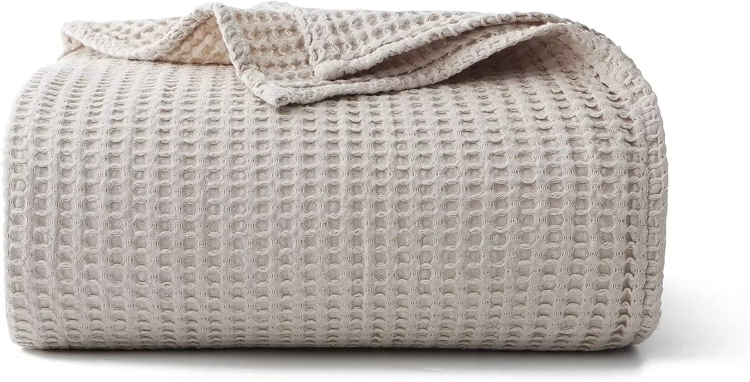 Super Soft Flannel 100% Cotton Waffle Bed Blanket King Size, Throw Blanket for Couch All Seasons (Beige, 104x90) - Lightweight Plush Warm Blanket for All Seasons - Default Title