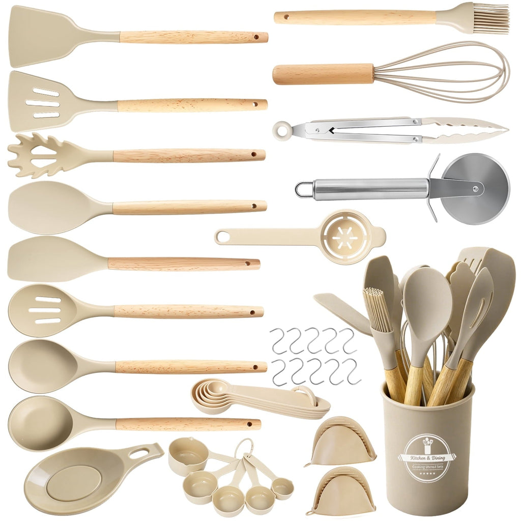Professional Grade Silicone Cooking Utensils Set, Heat Resistant Kitchen Tools, 36 PCS Non-Stick Silicone Cooking Kitchen Utensils, Khaki - Multi-Purpose Hand Tool for Daily Meal Prep - Default Title