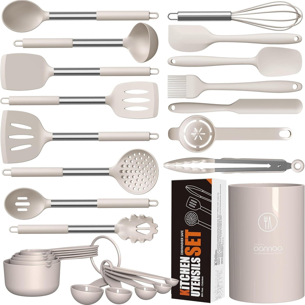 Non-Stick Safe Large Silicone Cooking Utensils Set - Heat Resistant Kitchen Utensils,Turner Tongs,Spatula,Spoon,Brush,Whisk,Stainles... - Durable Turner & Ladle Utensil Set for Home Chefs - Default Title