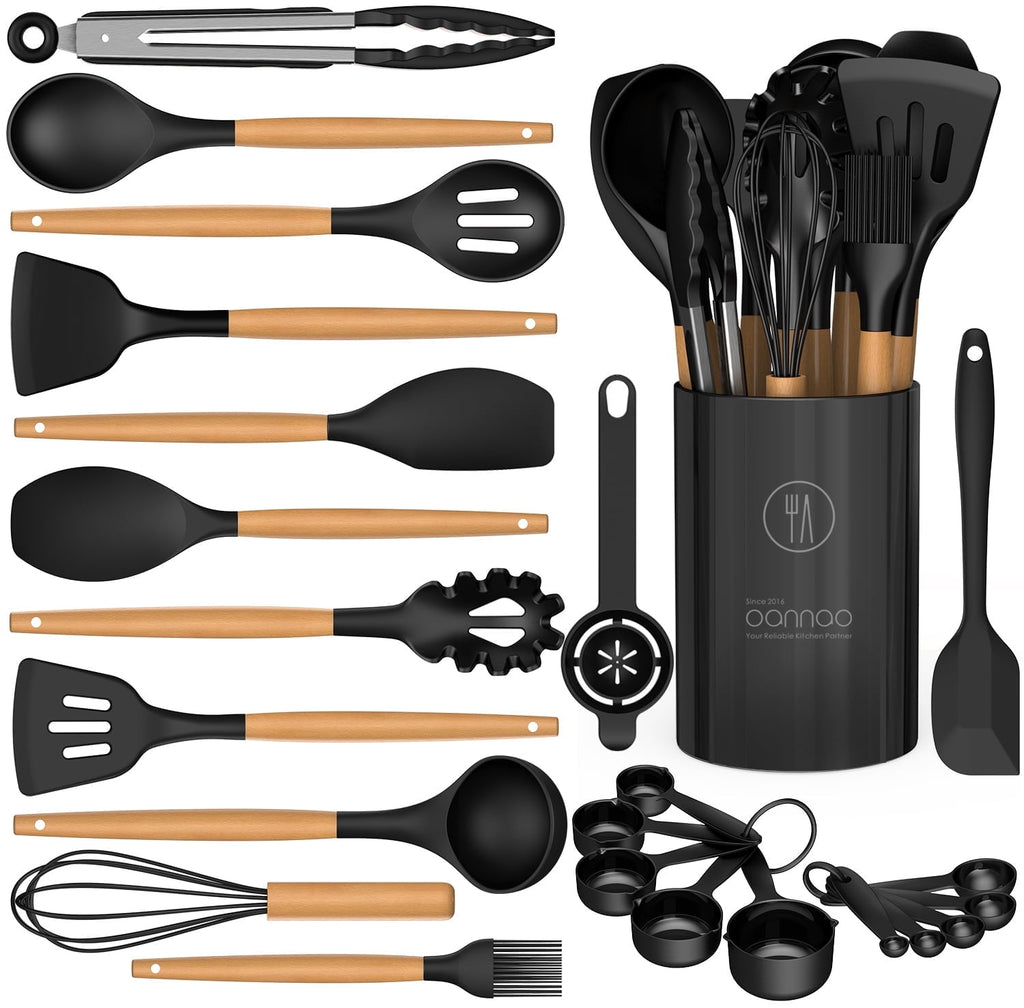 Ergonomic Manual Silicone Cooking Utensils Set - Silicone Kitchen Utensils for Cooking Wooden Handles, 446°F Heat Resistant Kitchen Ut... - Kitchen Gadget Tool for Quick Food Prep - Default Title