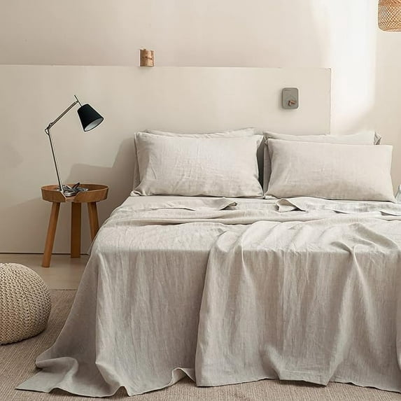 Wrinkle-Resistant 100% Linen Sheet Set Solid Color-4 Pcs Washed French Linen Bed Sheets(1 Flat Sheet,1 Fitted Sheet,2 Pillowcases)-Brea... - Cooling Hotel Quality Bedding Sheets and Pillowcases - Default Title