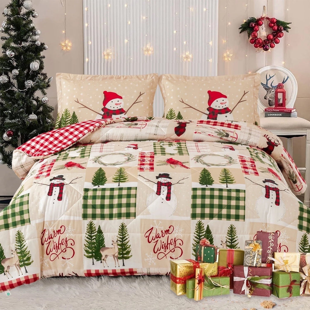 Luxurious Quilted 3 Pcs Christmas Comforter Set, Bed in a Bag Wreath Snowman Queen/Full Size Xmas Bedding Set Fitted Pillowcases for Adult - Hypoallergenic Ultra-Fluffy Quilt for Winter - Default Title