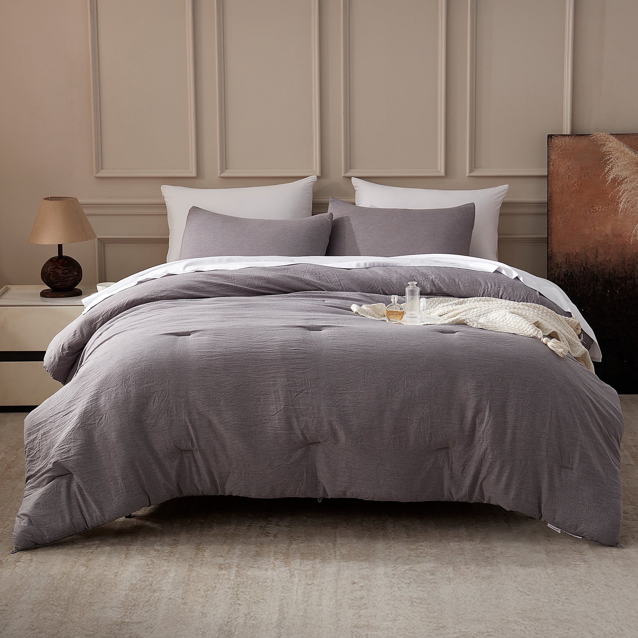 Heavyweight Warmth Washed Comforter Set Full Size - 3 Pieces Soft Luxury Cationic Dyeing Bedding Sets, Linen-Like Texture Breathable Wri... - All-Season Down Alternative Comforter Insert - Default Title