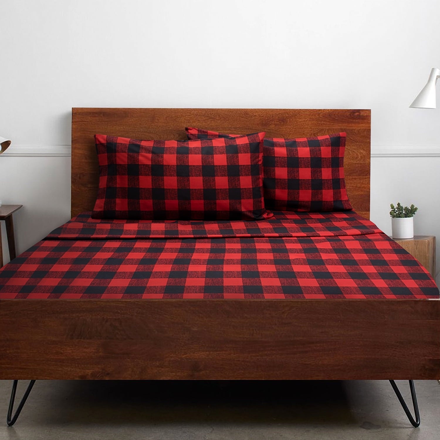 Premium Egyptian Cotton Buffalo Plaid Black and Red 4 Piece Bed Sheet Set - Twin - Premium Ultra-Soft Pillowcase Pair for Sleeping - Default Title
