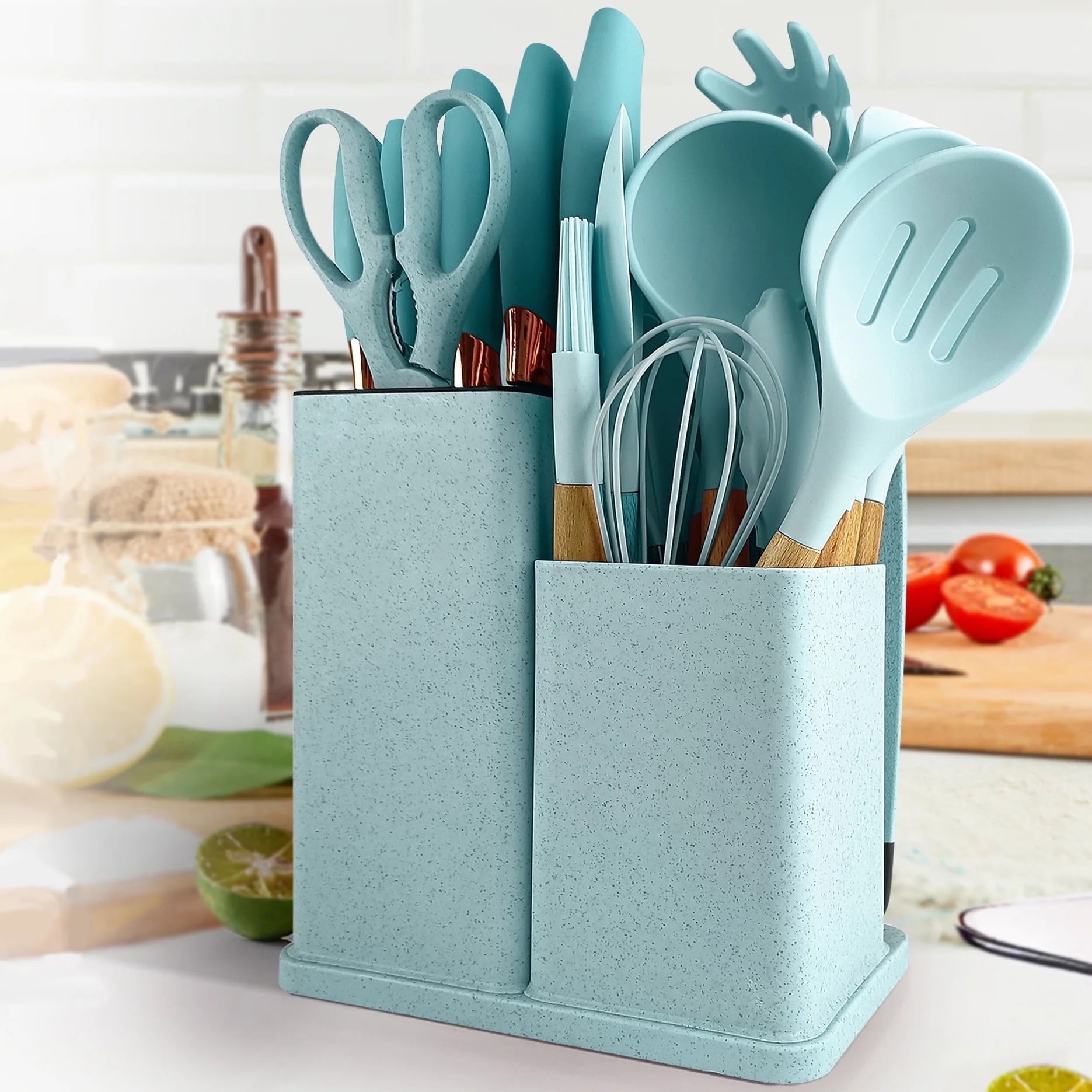 Non-Stick Safe Silicone Kitchen Cooking Utensils Set, 19 Pieces Utensil with Holder, Heat Resistant, Green - Ergonomic Kitchen Tongs and Cooking Spoon Utensil - Default Title