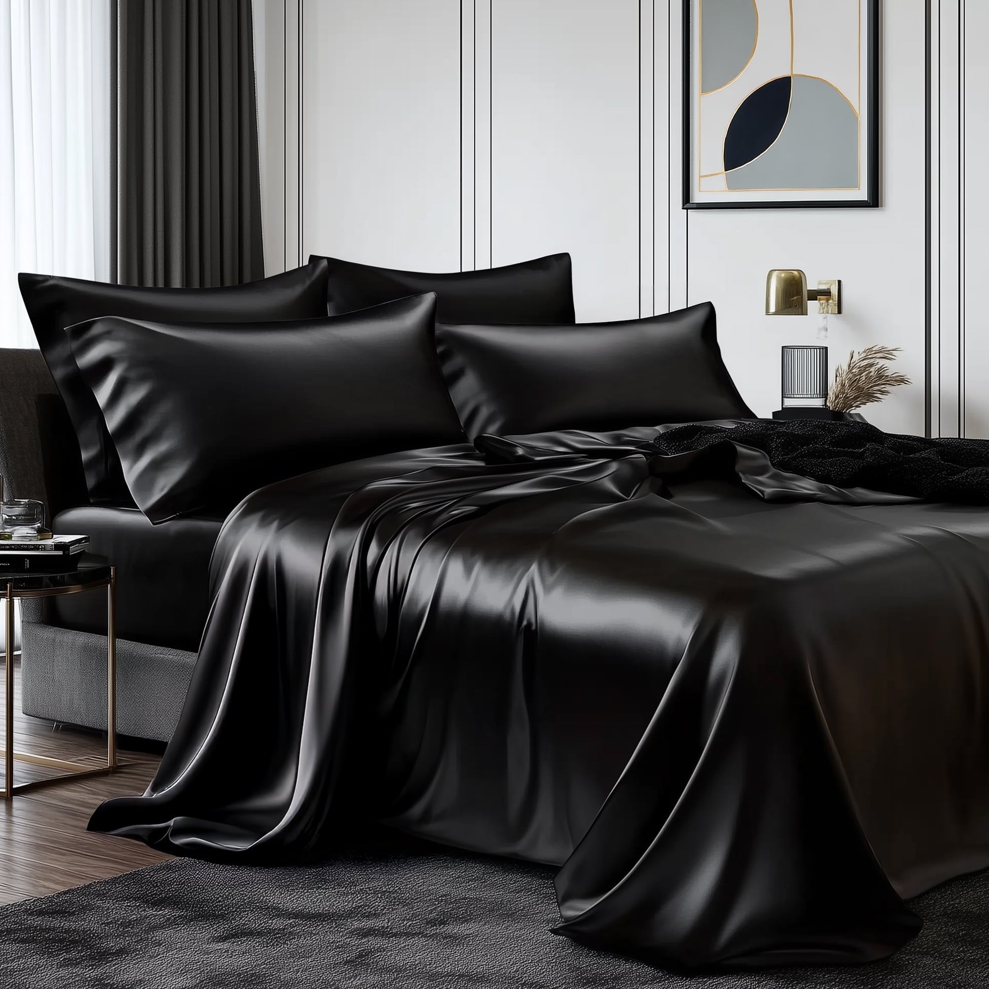 Wrinkle-Resistant Queen Silk Black Bed Sheet Set,4 Pieces 1800 Microfiber 2 Pillowcase 20"x30" - Premium Ultra-Soft Pillowcase Pair for Sleeping - Default Title