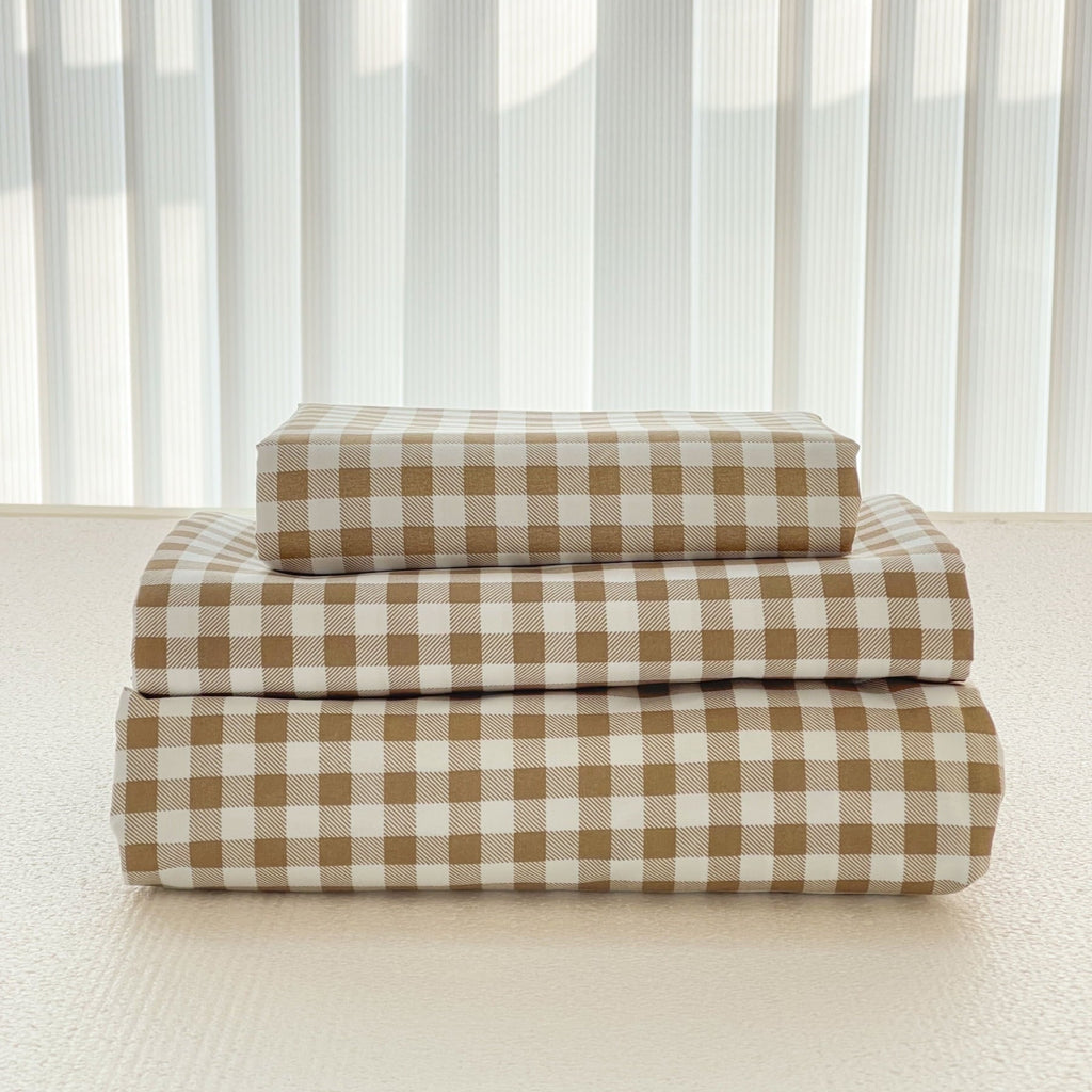 Cooling Sateen Sheet Set, Soft Brushed Microfiber Taupe Plaid Sheets, 4-Piece Brown Grid Set with Deep Pocket - Luxury Bed Sheet Set with Deep Pockets - Default Title