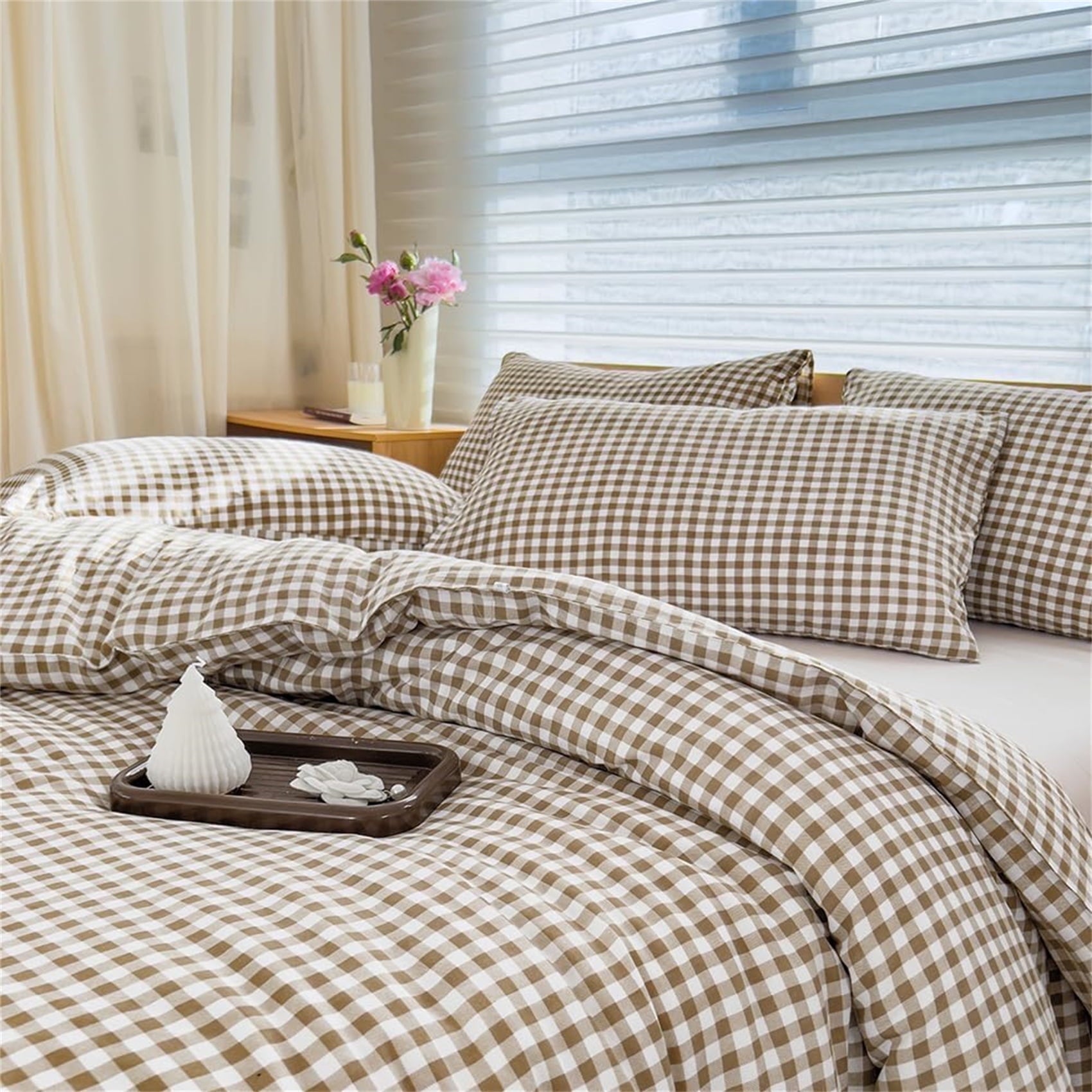 All-Season Tan Gingham Queen Comforter Set, Taupe Plaid Bedding Set, Checked Bed Comforter 3 Pieces(Tan Gingham, Queen) - Cloud-Like Soft Lightweight Bed Comforter - Default Title