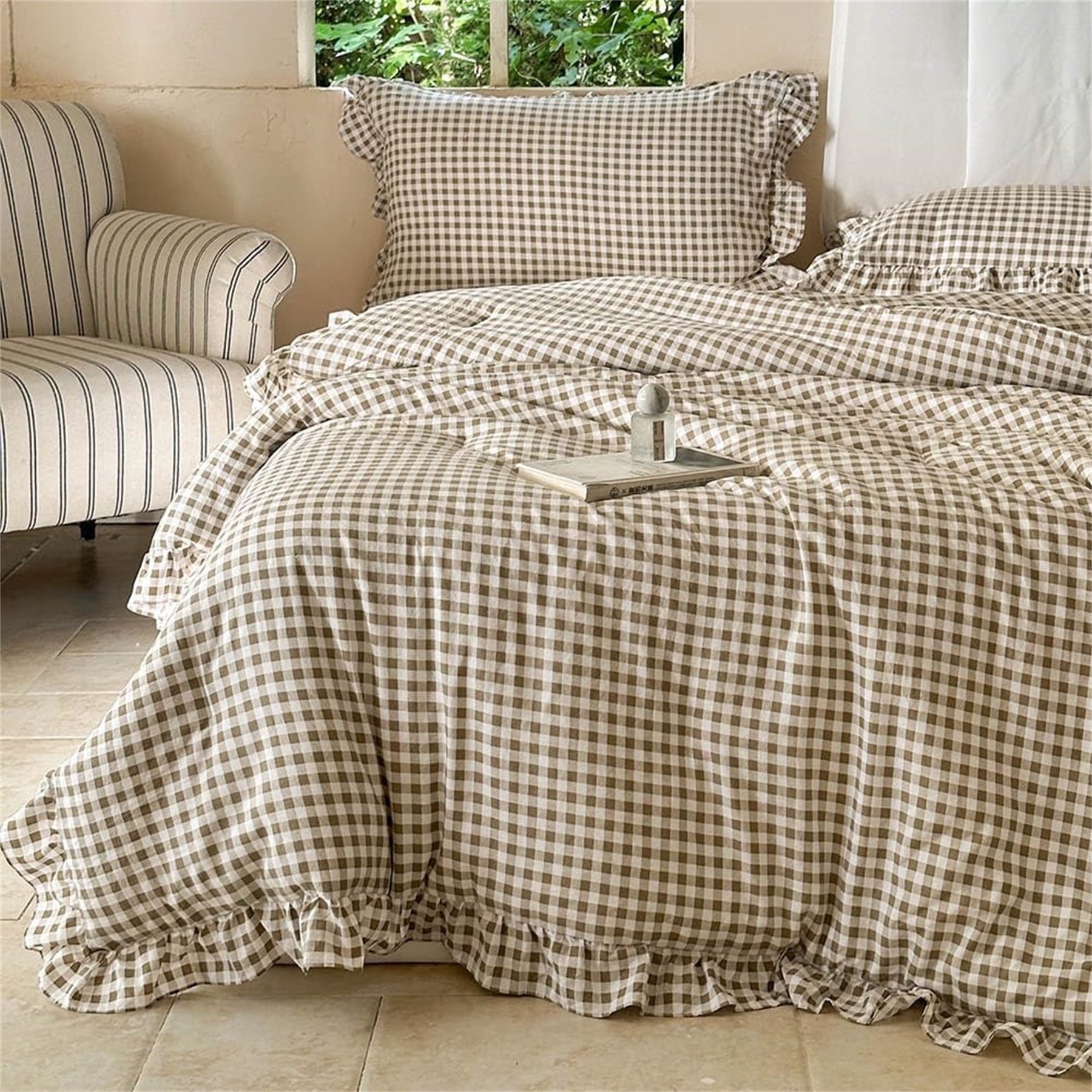 All-Season Tan Gingham Ruffle Queen Comforter Set, Taupe Ruffled Plaid Bedding Set, Ruffled Checked Bed Comforter 3 Pieces(Tan G... - All-Season Down Alternative Comforter Insert - Default Title