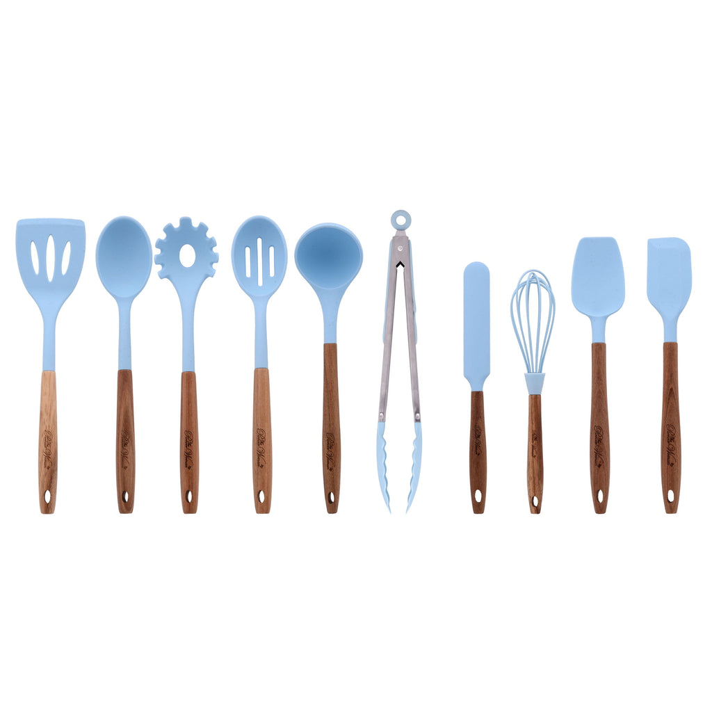 Heavy Duty 10-Piece Silicone and Acacia Wood Handle Cooking Utensils Set, Blue - Professional Kitchen Tool for Culinary Enthusiasts - Default Title
