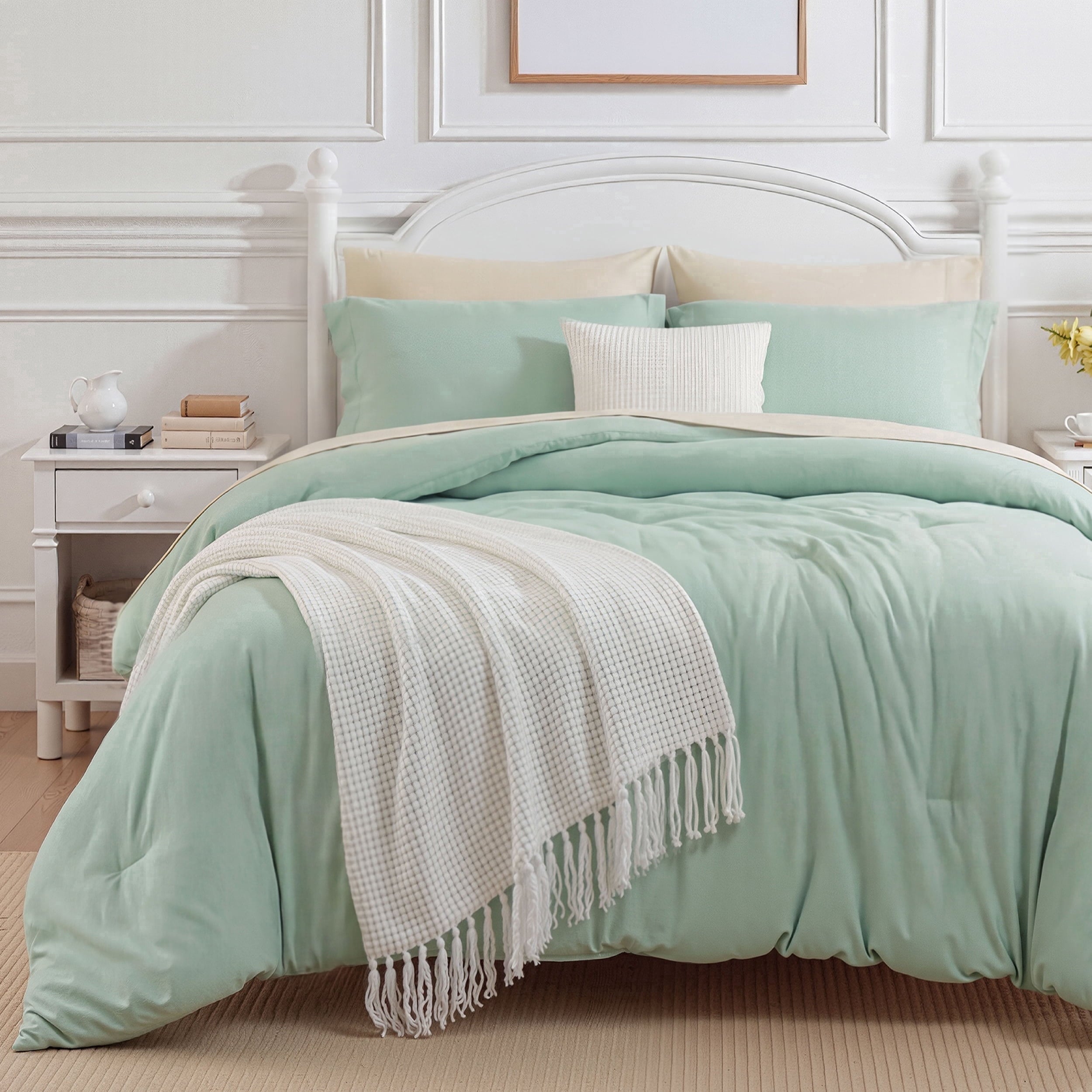 Fluffy Down Alternative Queen Comforter Set Sage Green, 7 Pieces Lightweight Queen Bedding Sets, Contrasting Design - All-Season Down Alternative Comforter Insert - Default Title