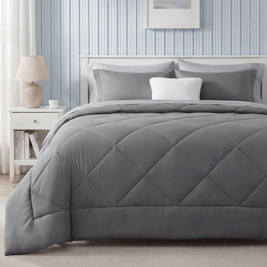 Fluffy Down Alternative Queen Reversible Comforter Set - 7 Pieces Grey Bedding, Bed in a Bag with Alternative Comforter, Sheets, Pillowcases ... - Luxurious Quilted Duvet Cover Set - Default Title