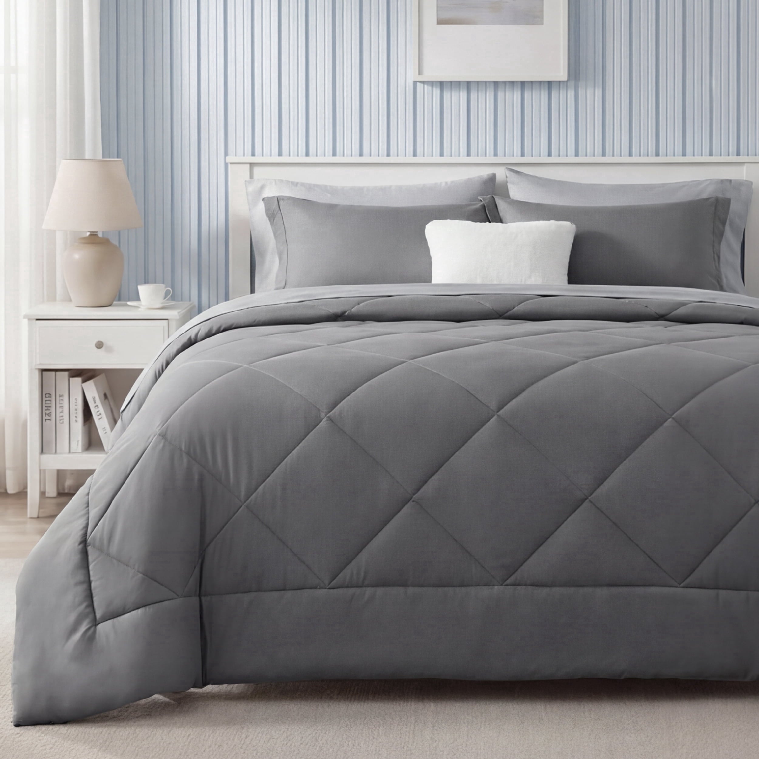Fluffy Down Alternative Queen Reversible Comforter Set - 7 Pieces Grey Bedding, Bed in a Bag with Alternative Comforter, Sheets, Pillowcases ... - Luxurious Quilted Duvet Cover Set - Default Title