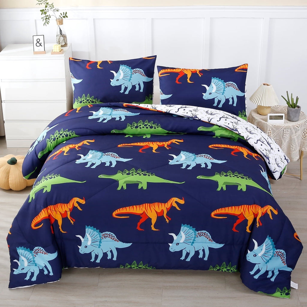 Luxurious Quilted 3 Pcs Dinosaur Twin Size Bedding Sets for Boys, Dinosaur Printing Boys Comforter Set, Blue and White Reversible Bed C... - Cloud-Like Soft Lightweight Bed Comforter - Default Title