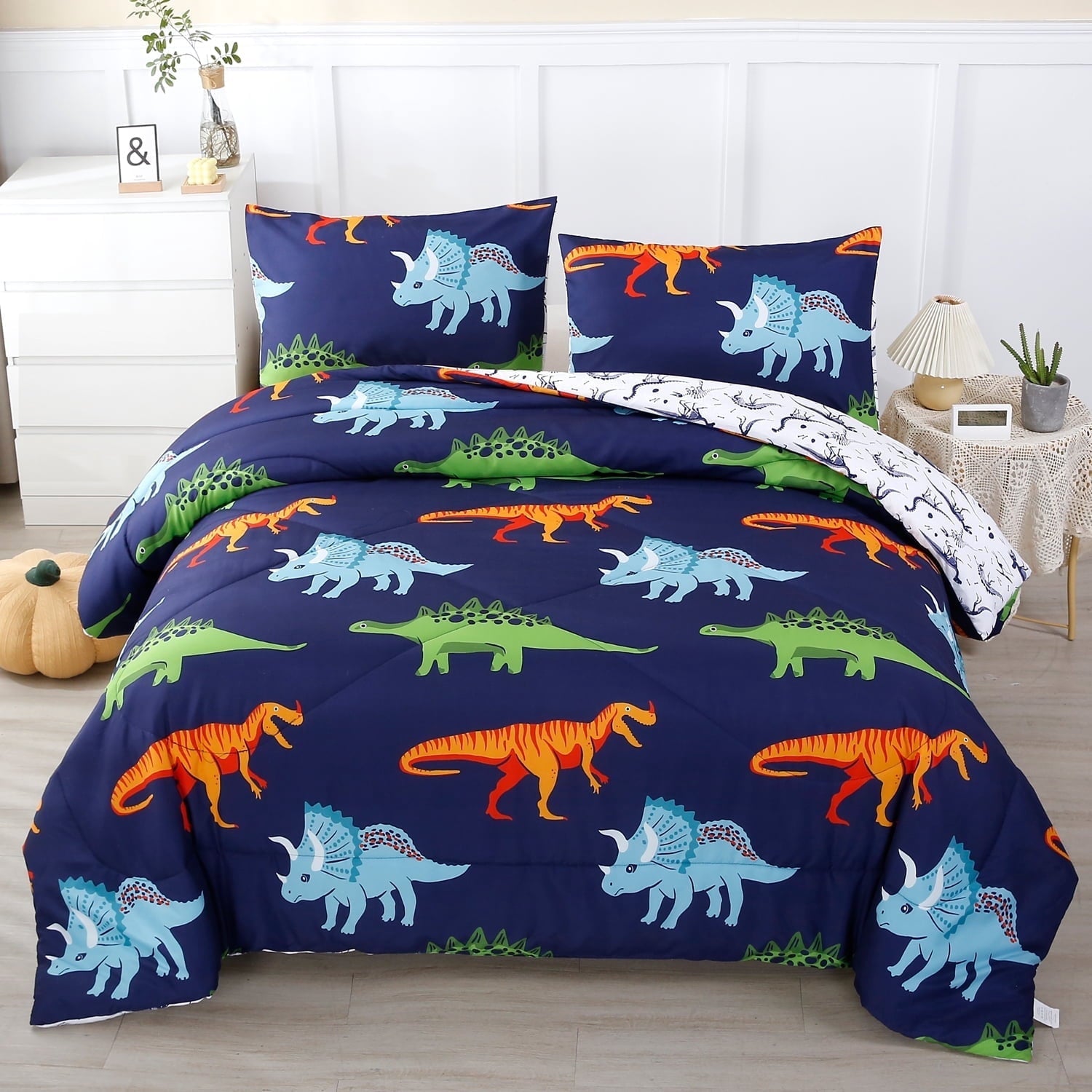 Luxurious Quilted 3 Pcs Dinosaur Twin Size Bedding Sets for Boys, Dinosaur Printing Boys Comforter Set, Blue and White Reversible Bed C... - Cloud-Like Soft Lightweight Bed Comforter - Default Title