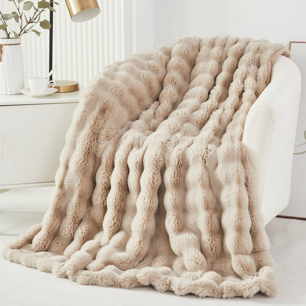 Cozy Fleece Taupe Faux Fur Bubble Blankets for Couch Chair Sofa Luxury Fluffy Thick Bubble Throw Blanket Furry Blanket Fuzzy Soft... - Luxury Knitted Decorative Throw Blanket with Fringes - Default Title
