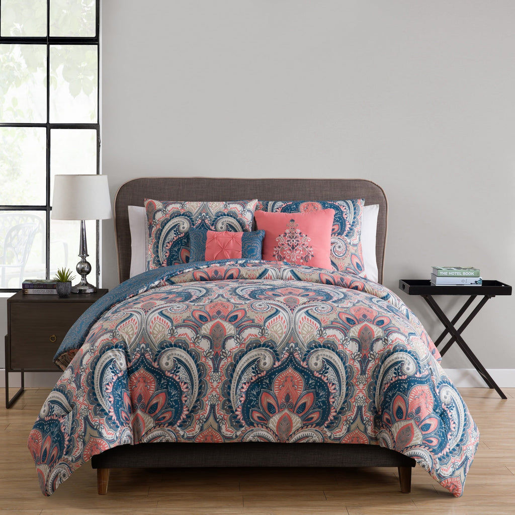 Heavyweight Warmth Casa Real 5-Piece Coral Damask Reversible Comforter Set, King, Adult, Unisex - Luxurious Quilted Duvet Cover Set - Default Title