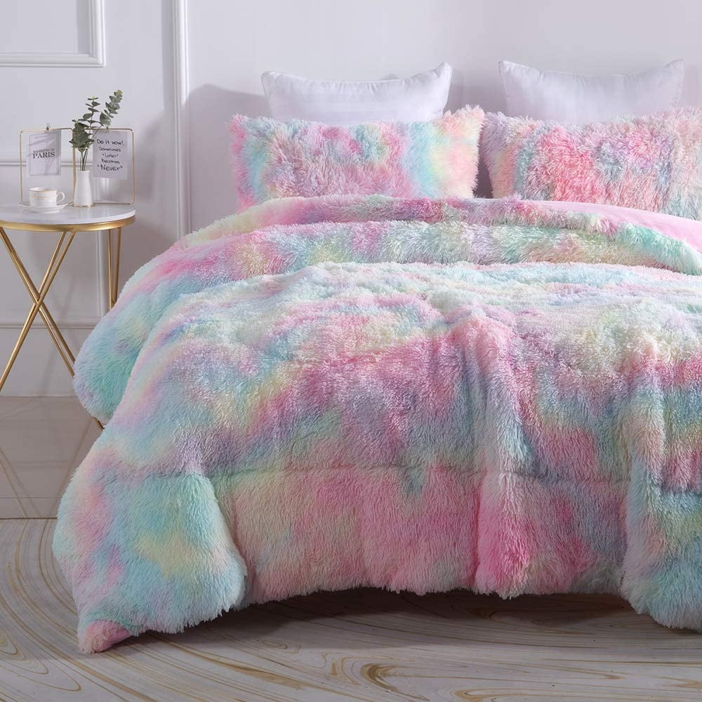 Luxurious Quilted Plush Shaggy Comforter Set Fluffy Fuzzy Faux Fur Bedding Set - Microfiber Soft Warm Quilt Set(Rainbow Pink,Queen Size) - All-Season Down Alternative Comforter Insert - Default Title