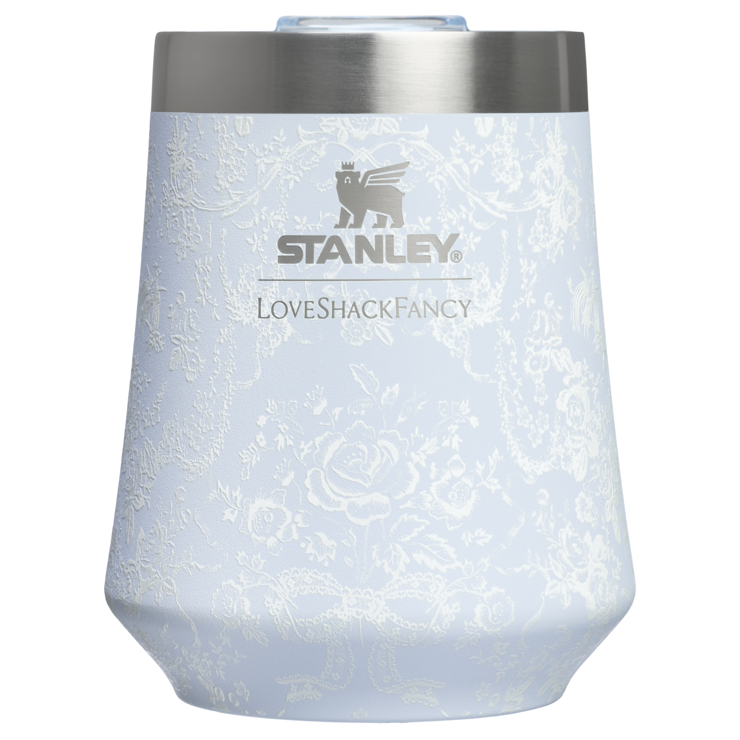 Elegant Stemless Stanley 1913 x LoveShackFancy Holiday Reserve Wine Tumbler D367F - Shatterproof Flavor-Preserving Cocktail Tumbler with Lid - Toscana Toile Alpine Blue