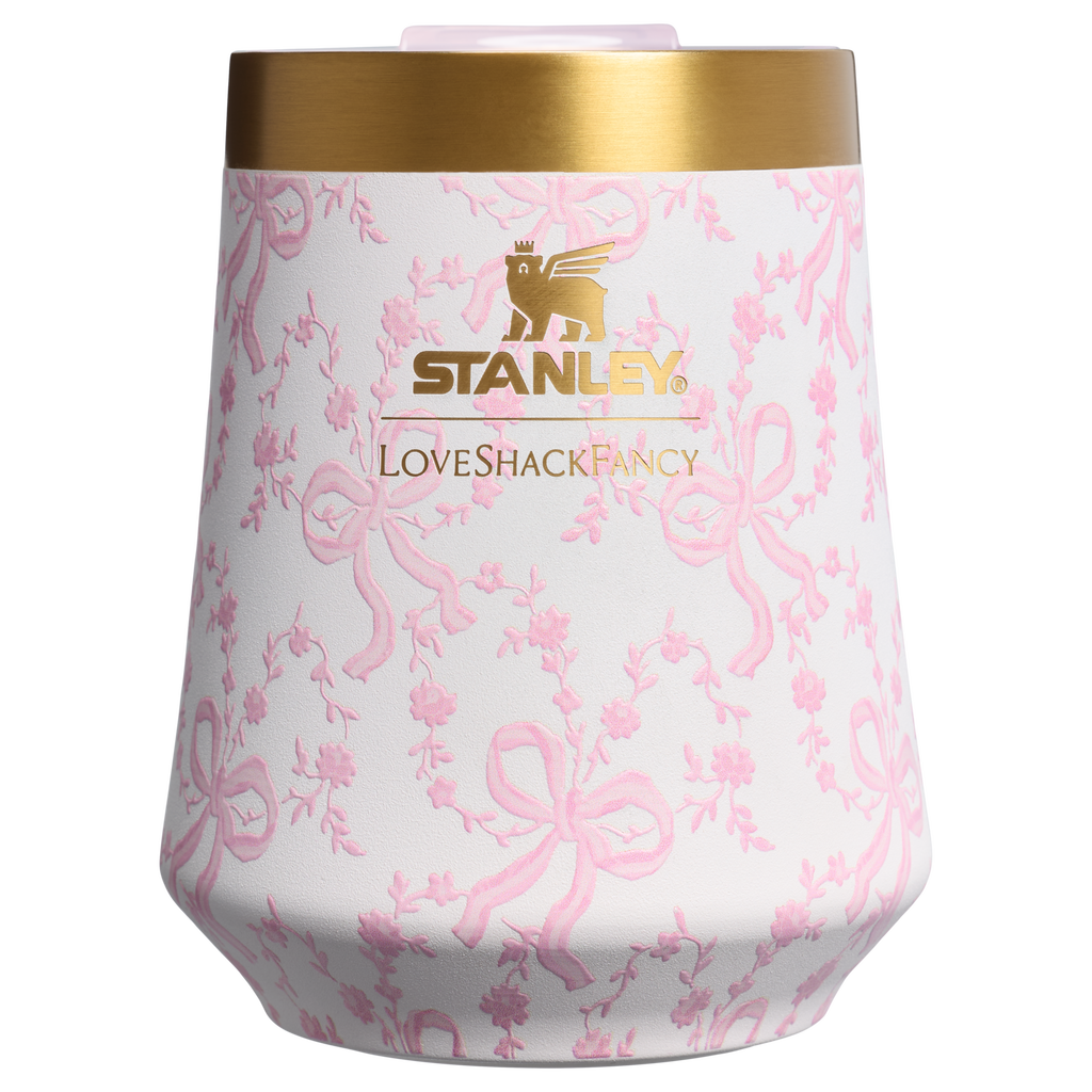 Elegant Stemless Stanley 1913 x LoveShackFancy Holiday Reserve Wine Tumbler D367F - Shatterproof Flavor-Preserving Cocktail Tumbler with Lid - Coquette Bow Chantilly