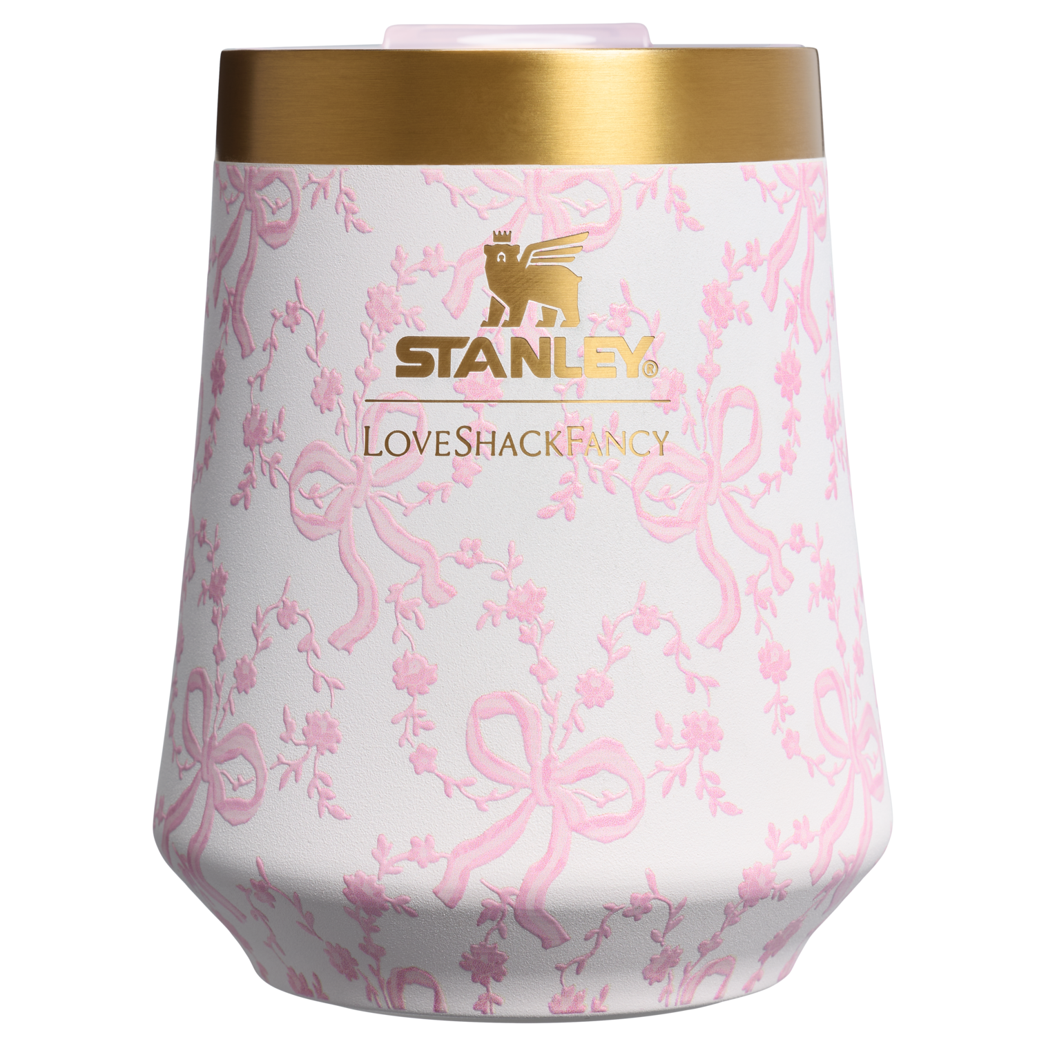 Elegant Stemless Stanley 1913 x LoveShackFancy Holiday Reserve Wine Tumbler D367F - Shatterproof Flavor-Preserving Cocktail Tumbler with Lid - Coquette Bow Chantilly