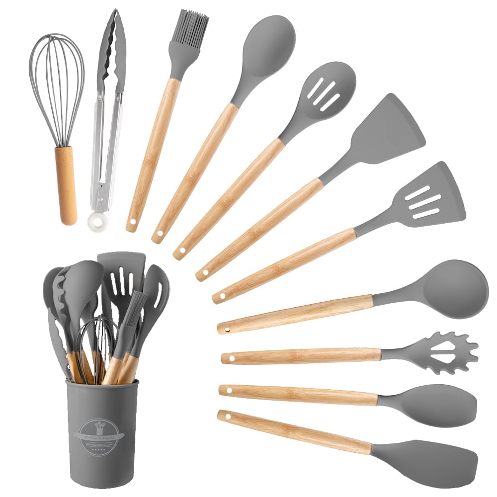 Heat-Resistant Silicone Wooden Heat Resistant Kitchen Utensil Set, 12 pcs - Ergonomic Kitchen Tongs and Cooking Spoon Utensil - Default Title