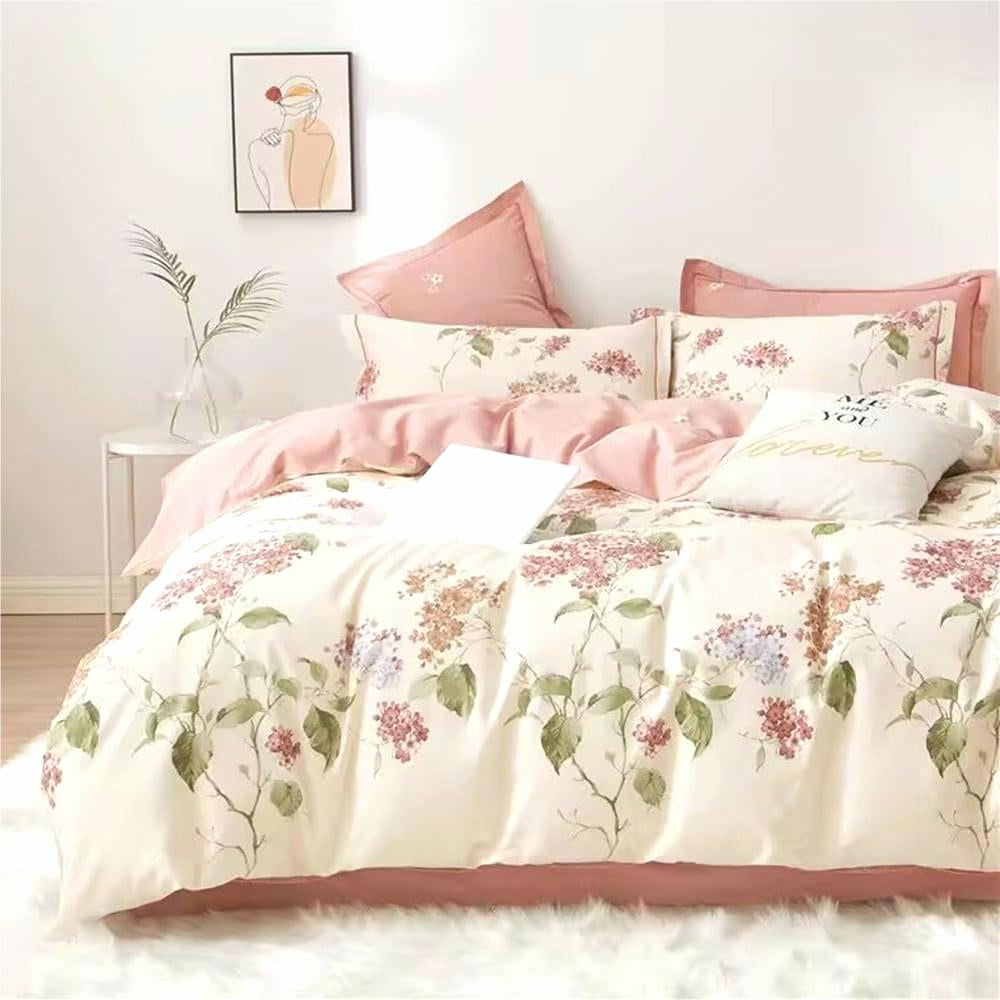 Heavyweight Warmth White with Pink Flowers King Comforter Sets, 3 Pieces Chic Garden Style Reversible Bedding Sets for Adults All Season - All-Season Down Alternative Comforter Insert Detail