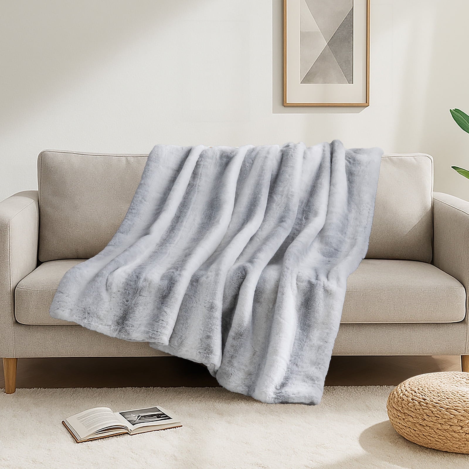 Super Soft Flannel Luxury Faux Fur Throw Blanket for Bed Super Thick Warm Fuzzy Blankets for Bedroom Living Room, 60" x 80", White - Luxury Knitted Decorative Throw Blanket with Fringes Detail