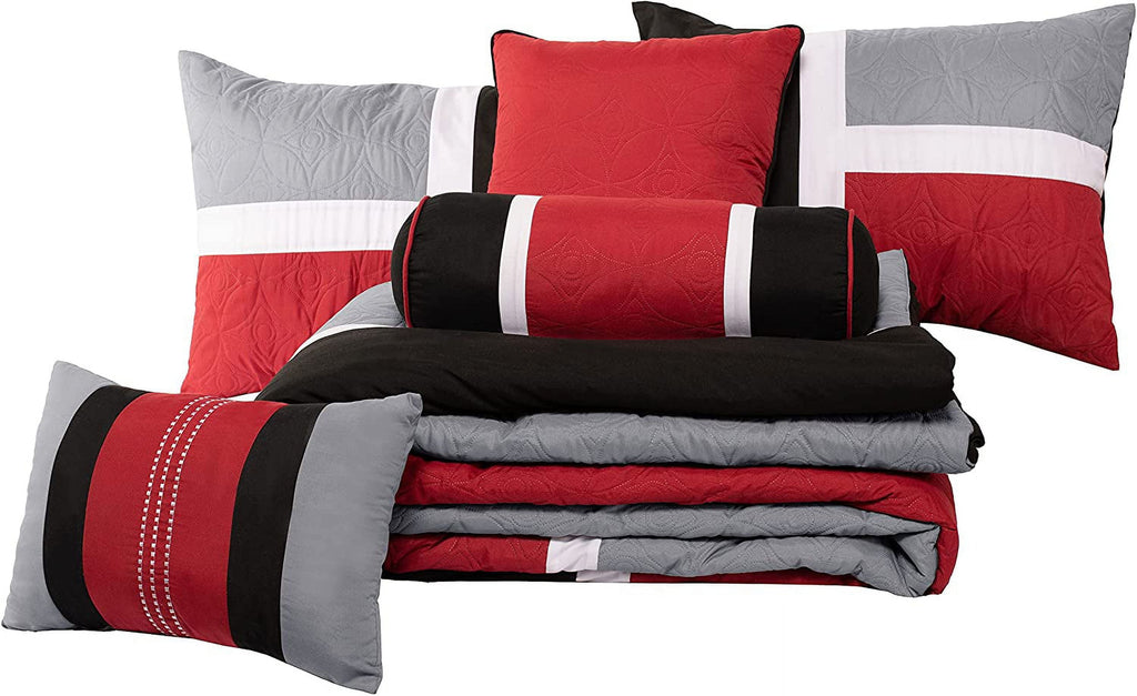 Fluffy Down Alternative 7-Piece Medallion Patchwork Comforter Set, Full, Red/Gray/Black - Cloud-Like Soft Lightweight Bed Comforter Detail