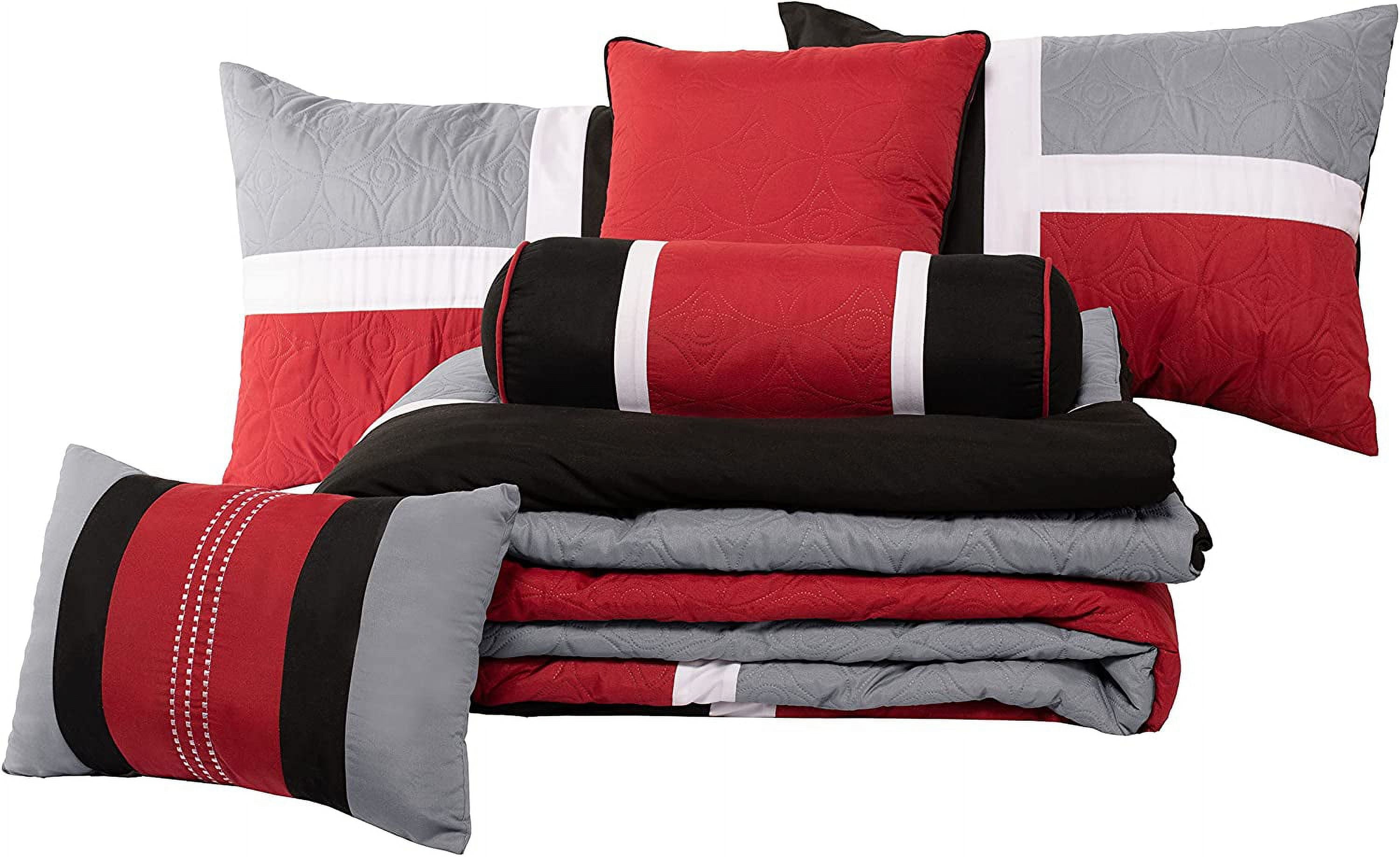 Fluffy Down Alternative 7-Piece Medallion Patchwork Comforter Set, Full, Red/Gray/Black - Cloud-Like Soft Lightweight Bed Comforter Detail