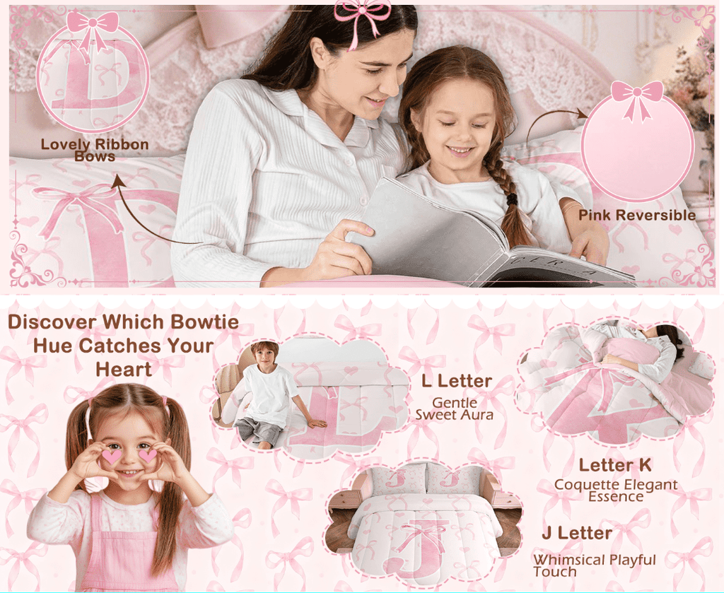 Luxurious Quilted Kawaii Bowknot Bedding Sets Full with Comforter, Initial H Duvet Insert, Romantic Initial A-Z Decor, Reversible - All-Season Down Alternative Comforter Insert Detail