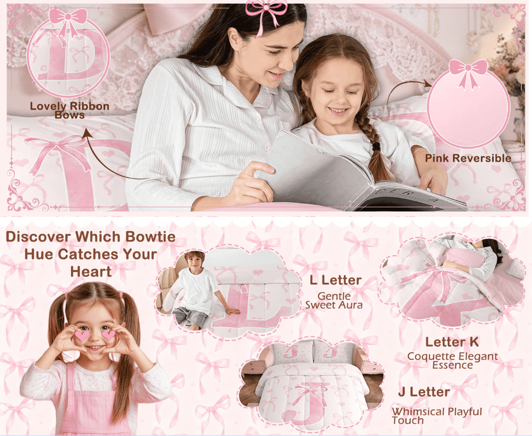 Luxurious Quilted Kawaii Bowknot Bedding Sets Full with Comforter, Initial H Duvet Insert, Romantic Initial A-Z Decor, Reversible - All-Season Down Alternative Comforter Insert Detail