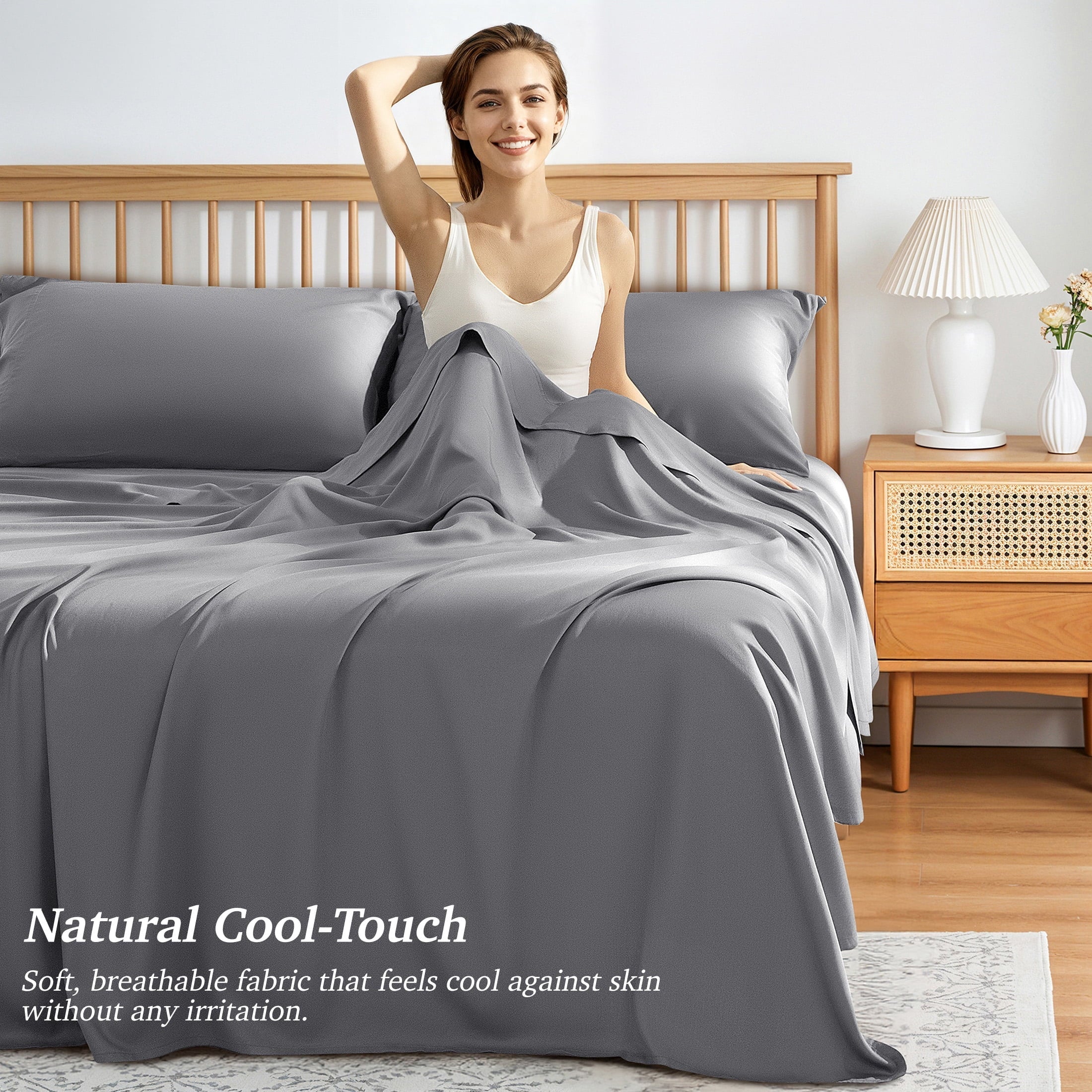 Premium Egyptian Cotton Bamboo Queen Sheet Set, Luxury Soft 4 Pieces Bed Sheets with 18" Deep Pocket, Gray - Cooling Hotel Quality Bedding Sheets and Pillowcases Detail