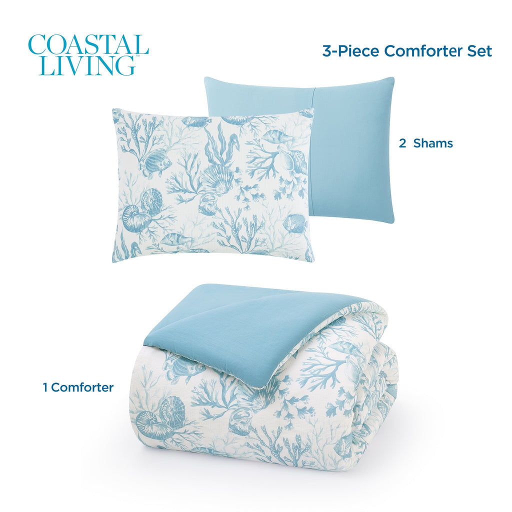 Hypoallergenic Cloud 3-Piece Lightweight 100% Cotton Blue & White Ocean Print Comforter Set, Full/Queen - Luxurious Quilted Duvet Cover Set Detail