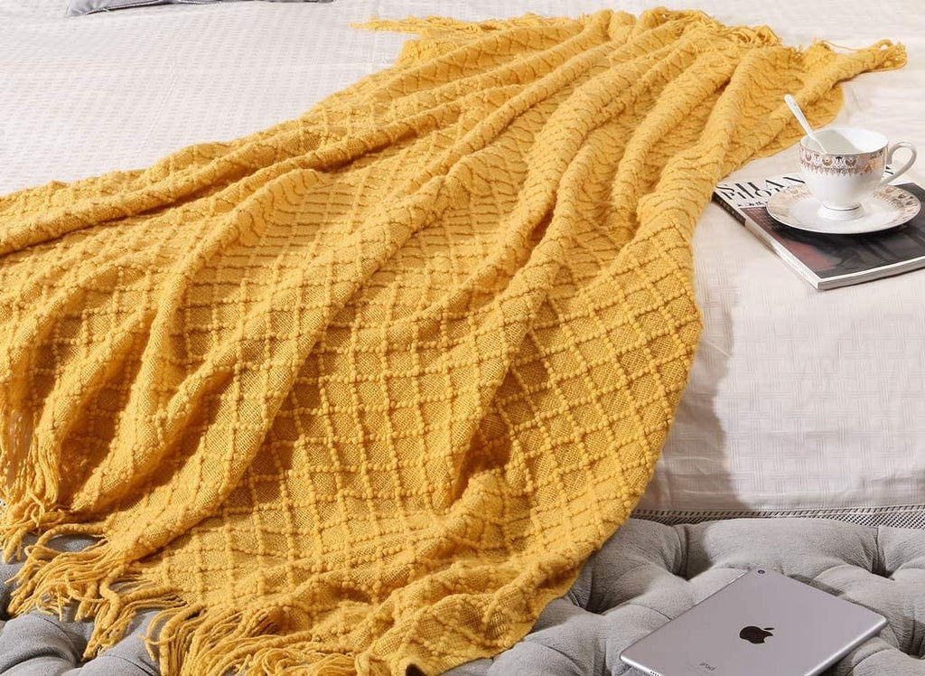 Reversible Sherpa Decorative Soft Spring Summer Fall Throw Blanket ,for Couch Sofa Chair Bed,50''X60'',Mustard Yellow - Cozy Fleece Throw Blanket for Couch & Bed Detail