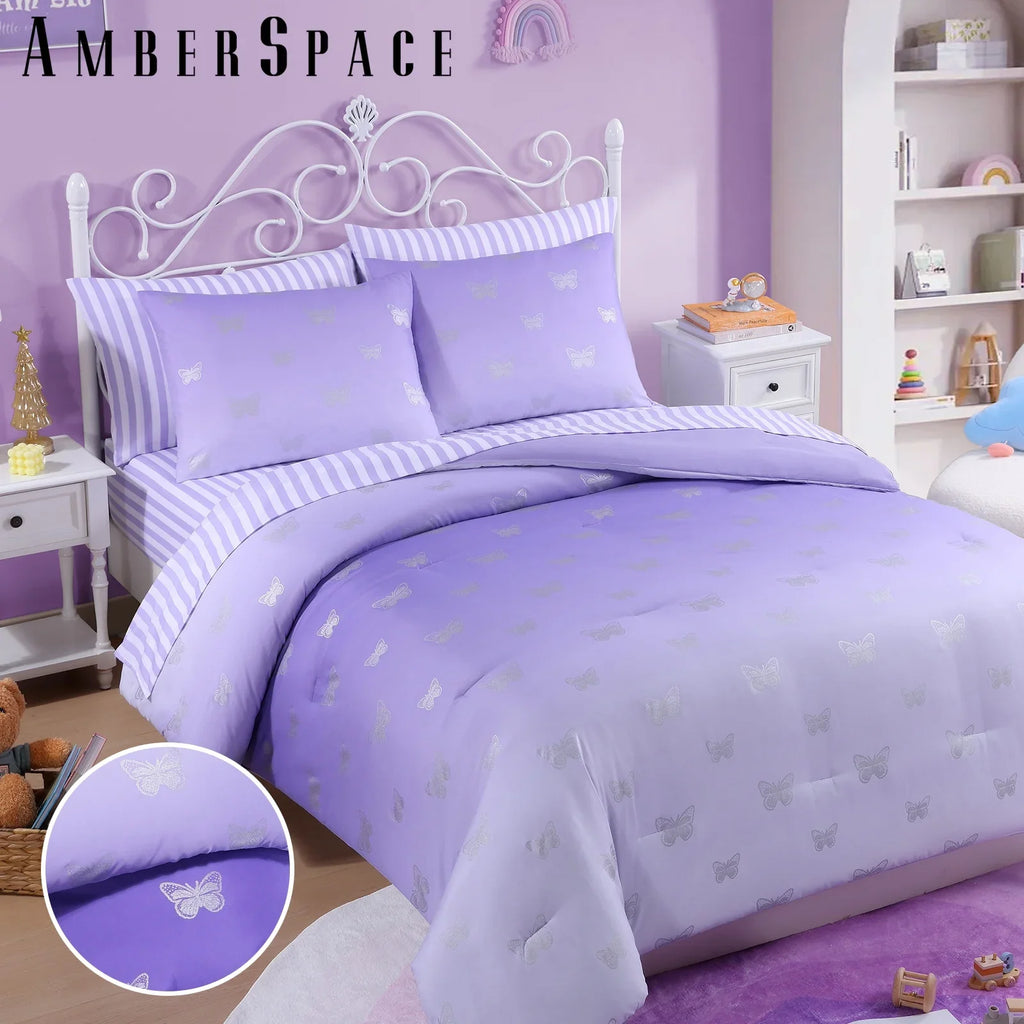 Fluffy Down Alternative gold foil Design 7-piece Bed in a Bag Comforter Set with Sheets,Purple/Silver Butterflies,Full - Cloud-Like Soft Lightweight Bed Comforter Detail
