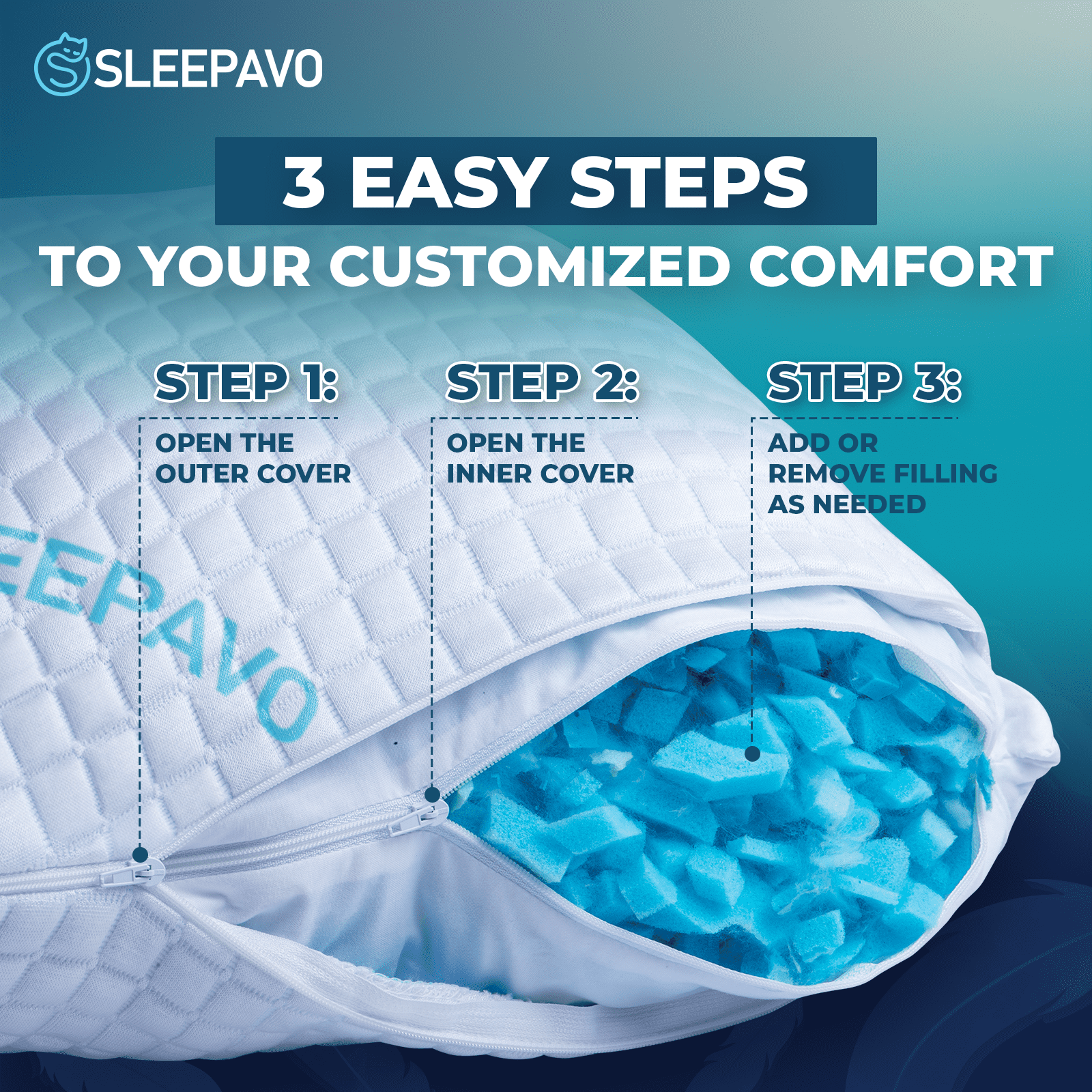 Hotel Collection Adjustable Shredded Memory Foam Pillow Queen Size - Soft or Firm Rayon Derived for Side Sleepers, Stomach & Back - Co... - Ergonomic Memory Foam Pillow for Neck Pain Support Detail