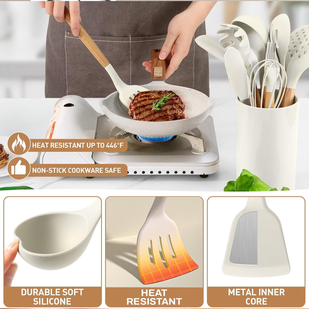 Ergonomic Cooking Cooking Utensils Set, 12 packs Non-Stick Silicone Cooking Kitchen Utensils Spatula Set with Wooden Handles and... - Premium Stainless Steel Cooking Utensil for Non-Stick Pots Detail