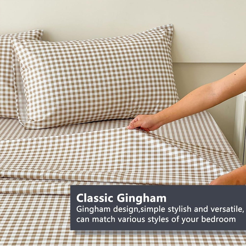Cooling Sateen Sheet Set, Soft Brushed Microfiber Taupe Plaid Sheets, 4-Piece Brown Grid Set with Deep Pocket - Luxury Bed Sheet Set with Deep Pockets Detail