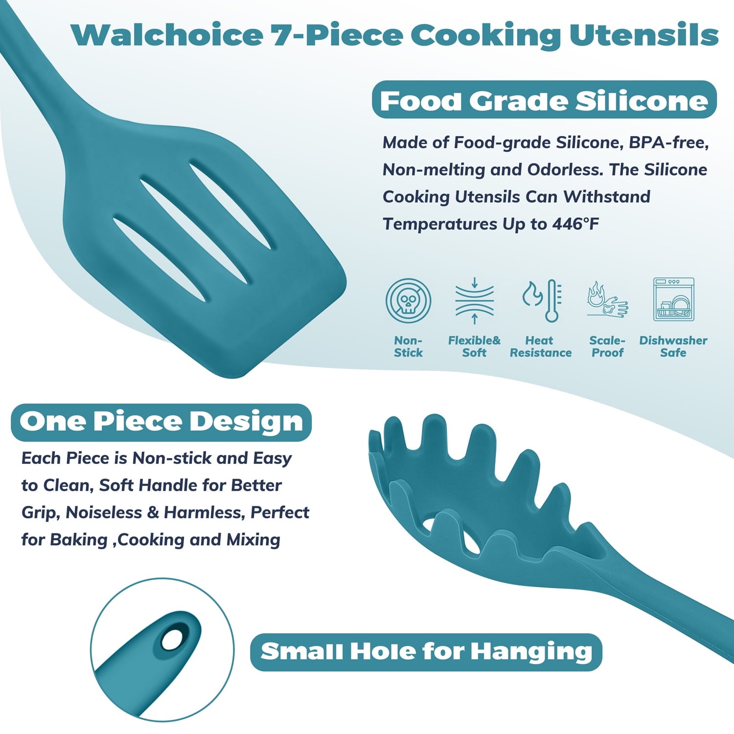 Ergonomic Cooking 7-Piece Silicone Cooking Utensils Set, Blue Kitchen Utensils, Non-stick Gadgets Tools Include Slotted Turner, Soup La... - Heat-Resistant Silicone Cooking Spatula Turner Detail